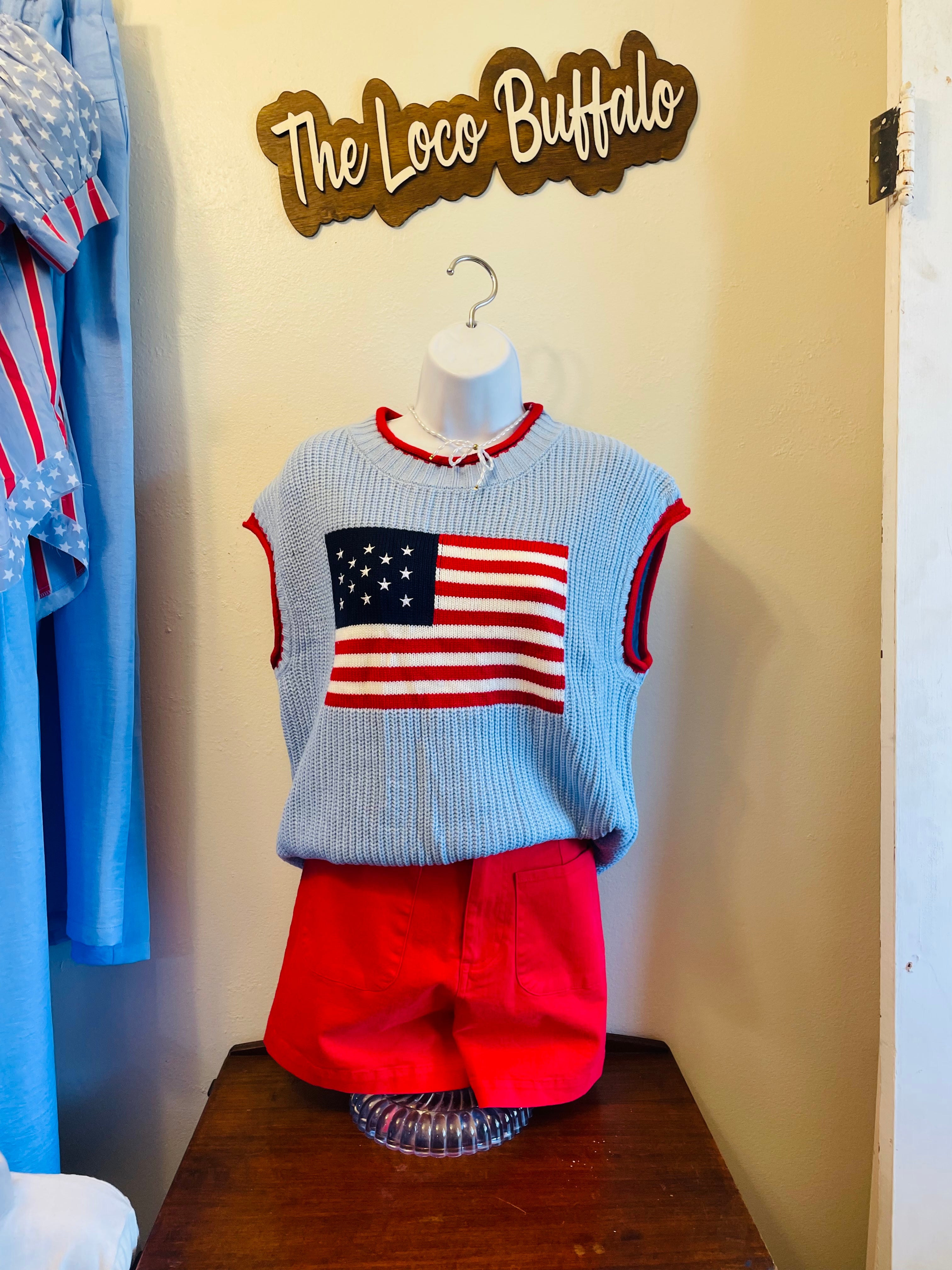 Light Blue Knit America Flag Top