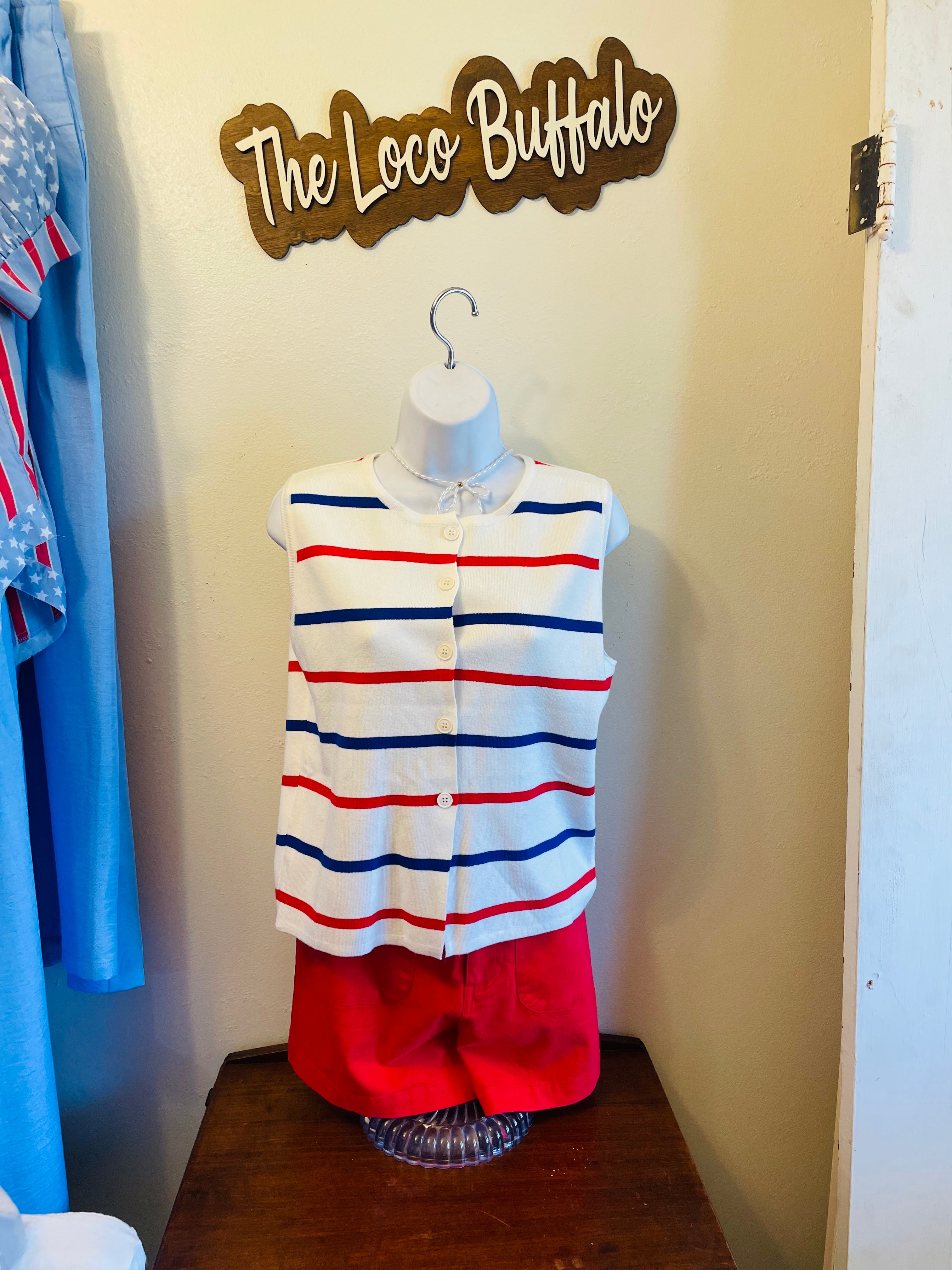 Red and Blue Striped Button Top