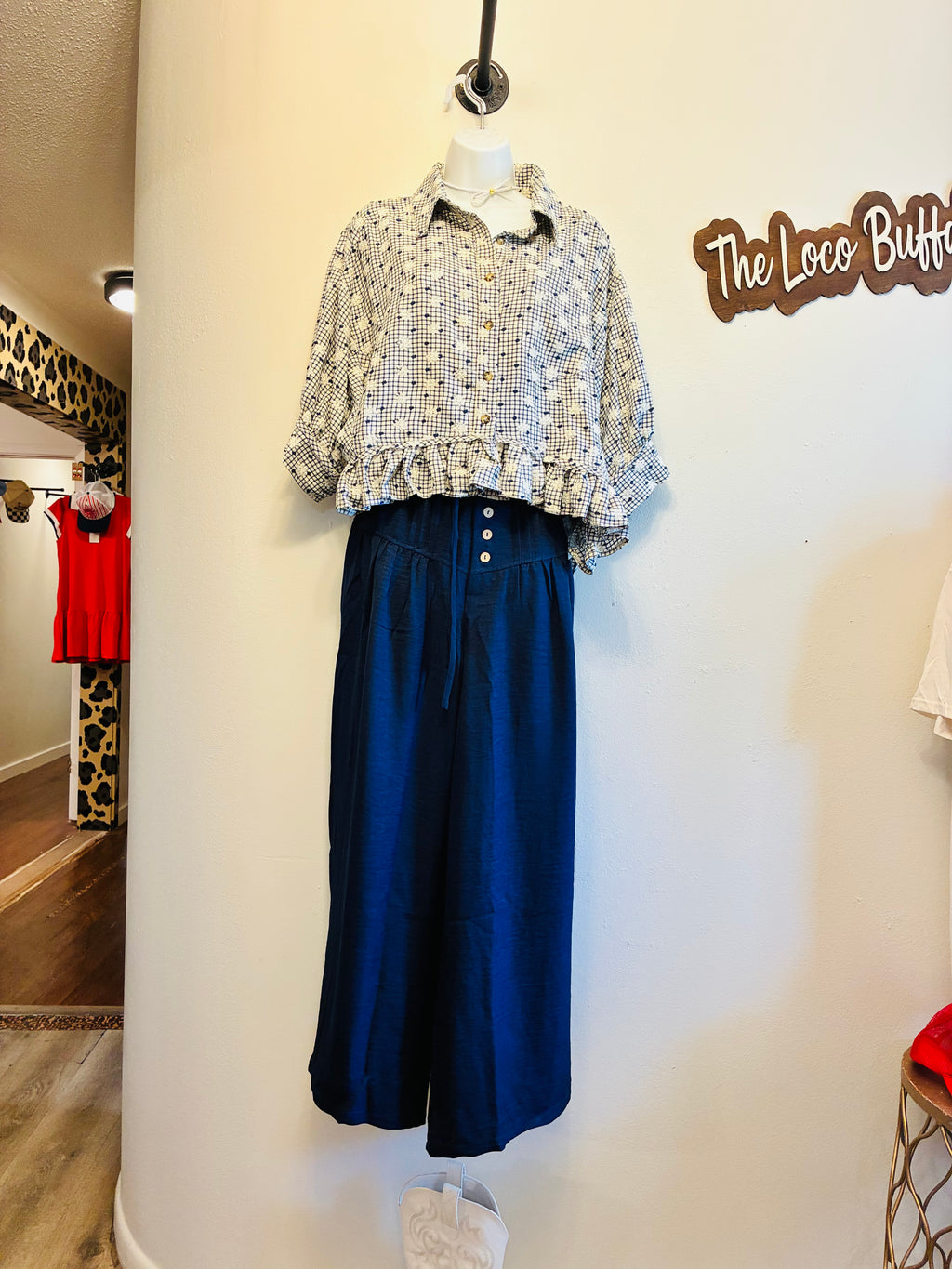 White Flower Embroidered Gingham Top