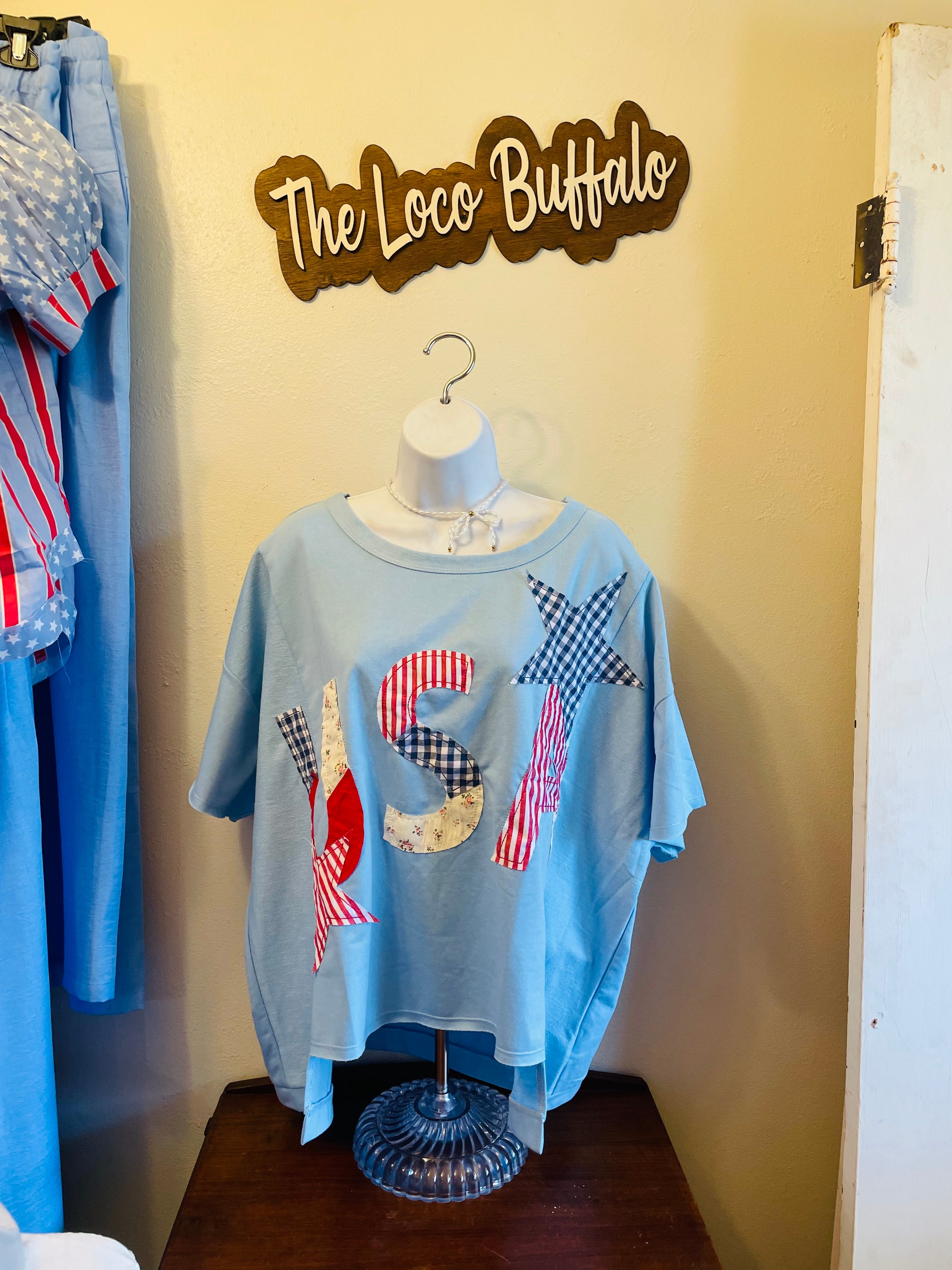 Light Blue USA Patchwork Top