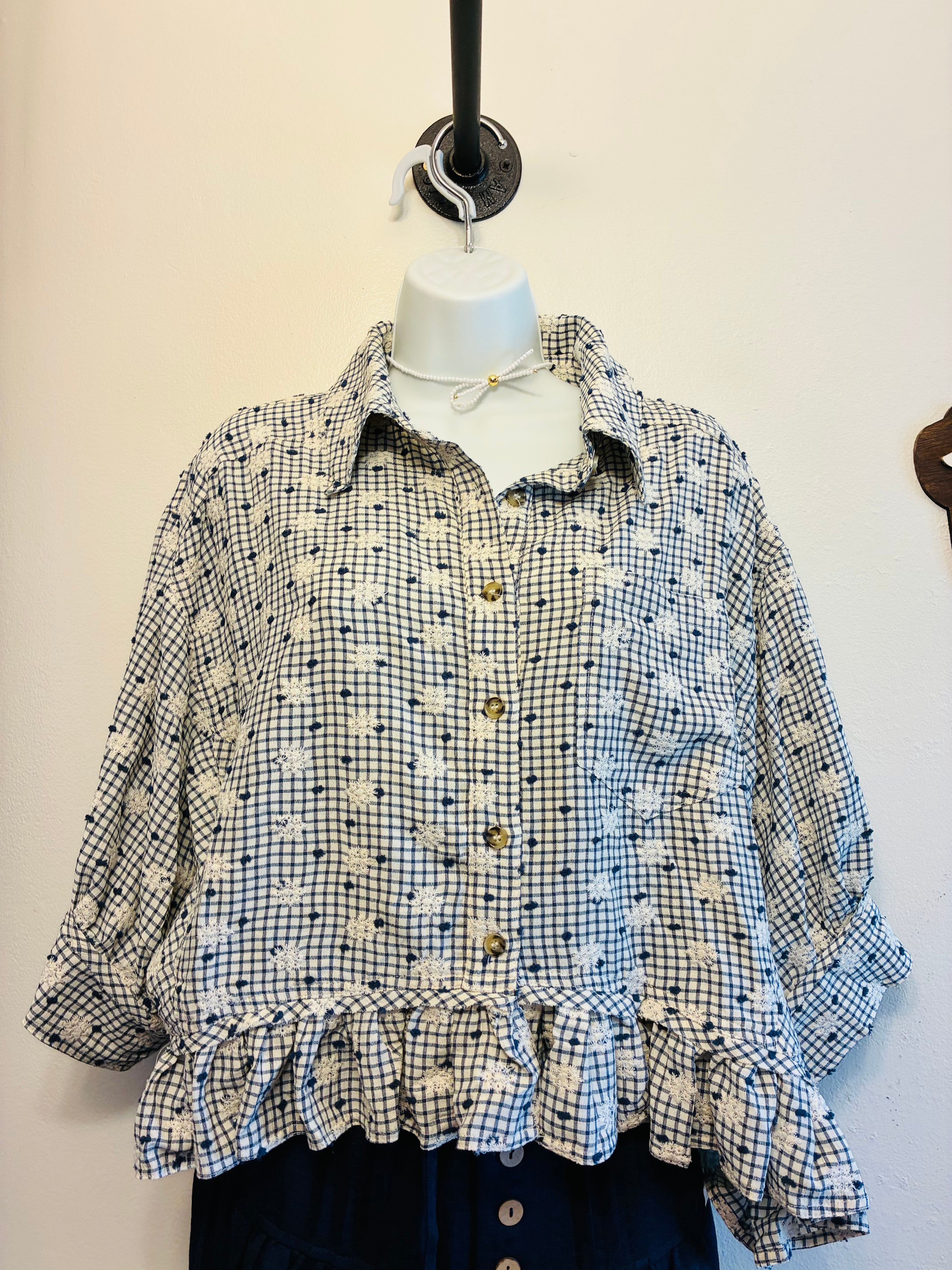 White Flower Embroidered Gingham Top