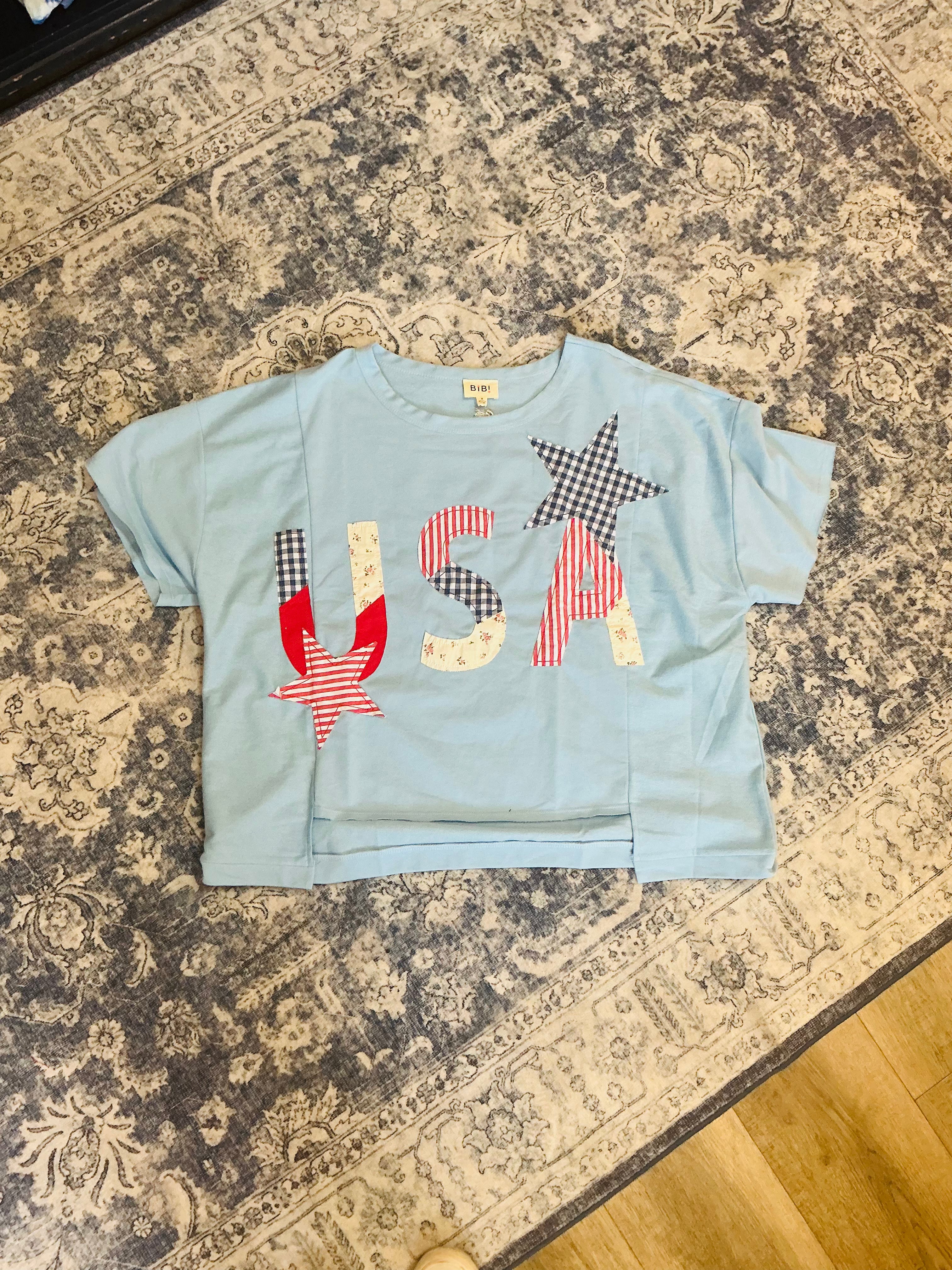 Light Blue USA Patchwork Top