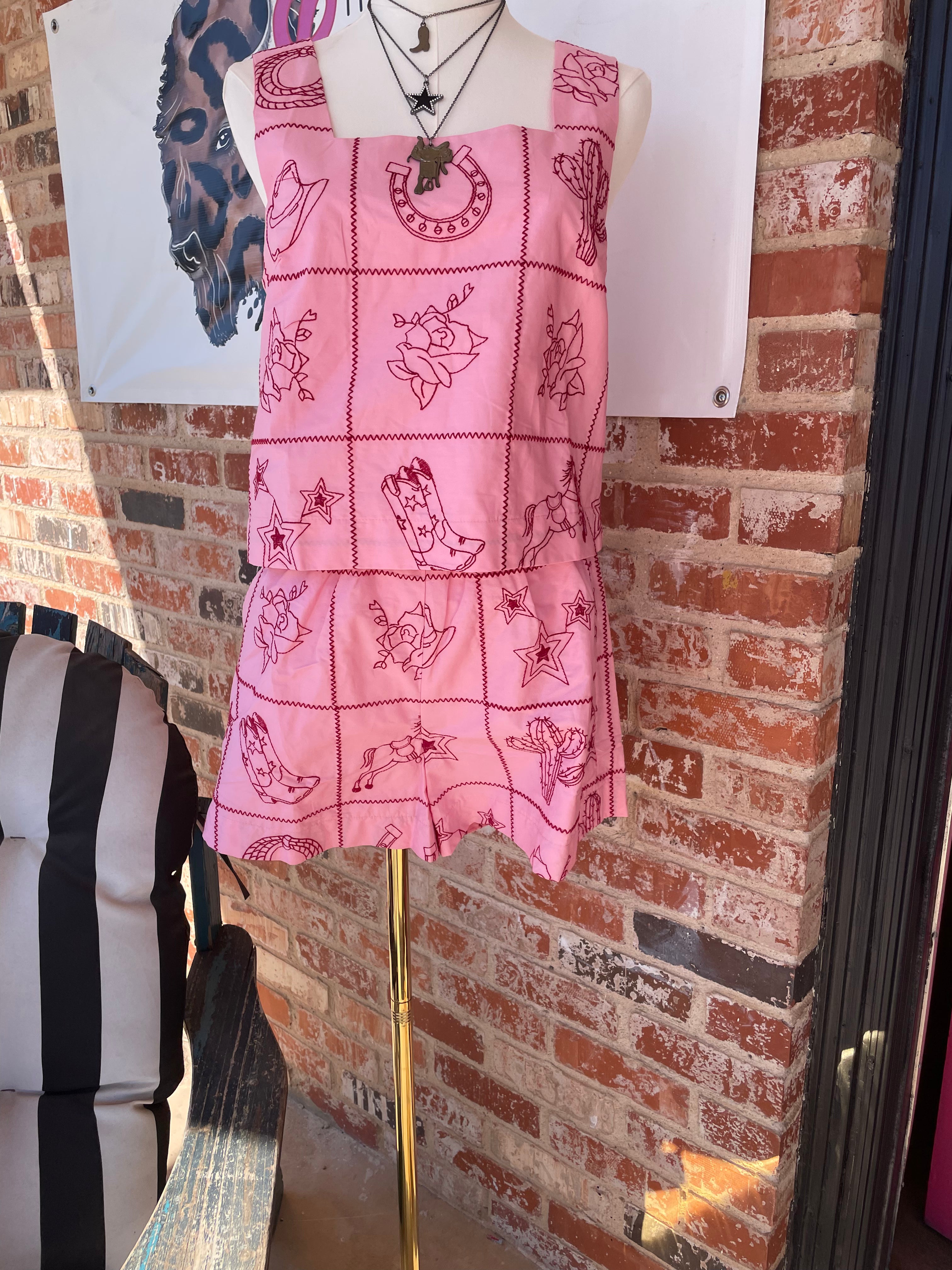 Pink with Red Embroidery Shorts