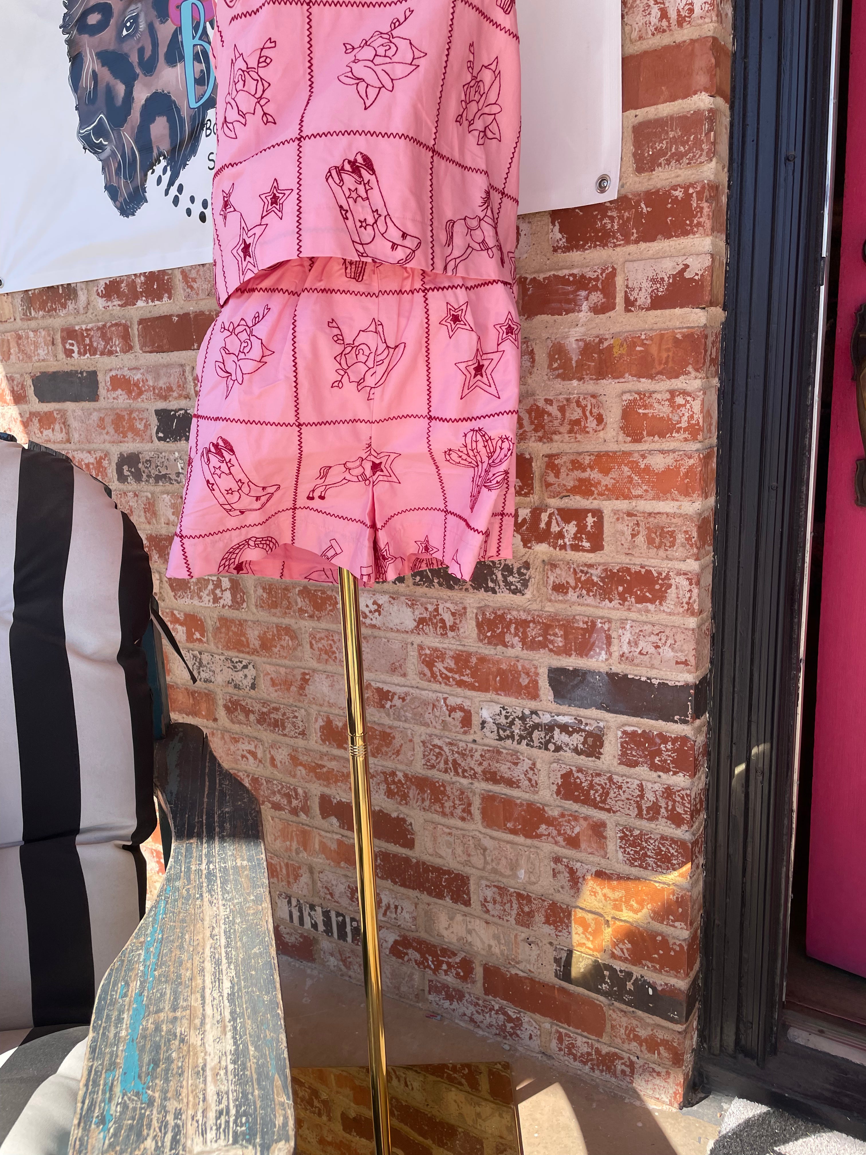 Pink with Red Embroidery Shorts
